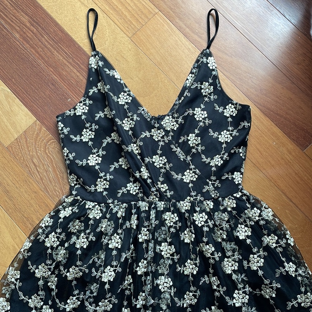 Holiday // New Year’s Eve Party Dress, Black Mesh with Gold Floral Embroidery